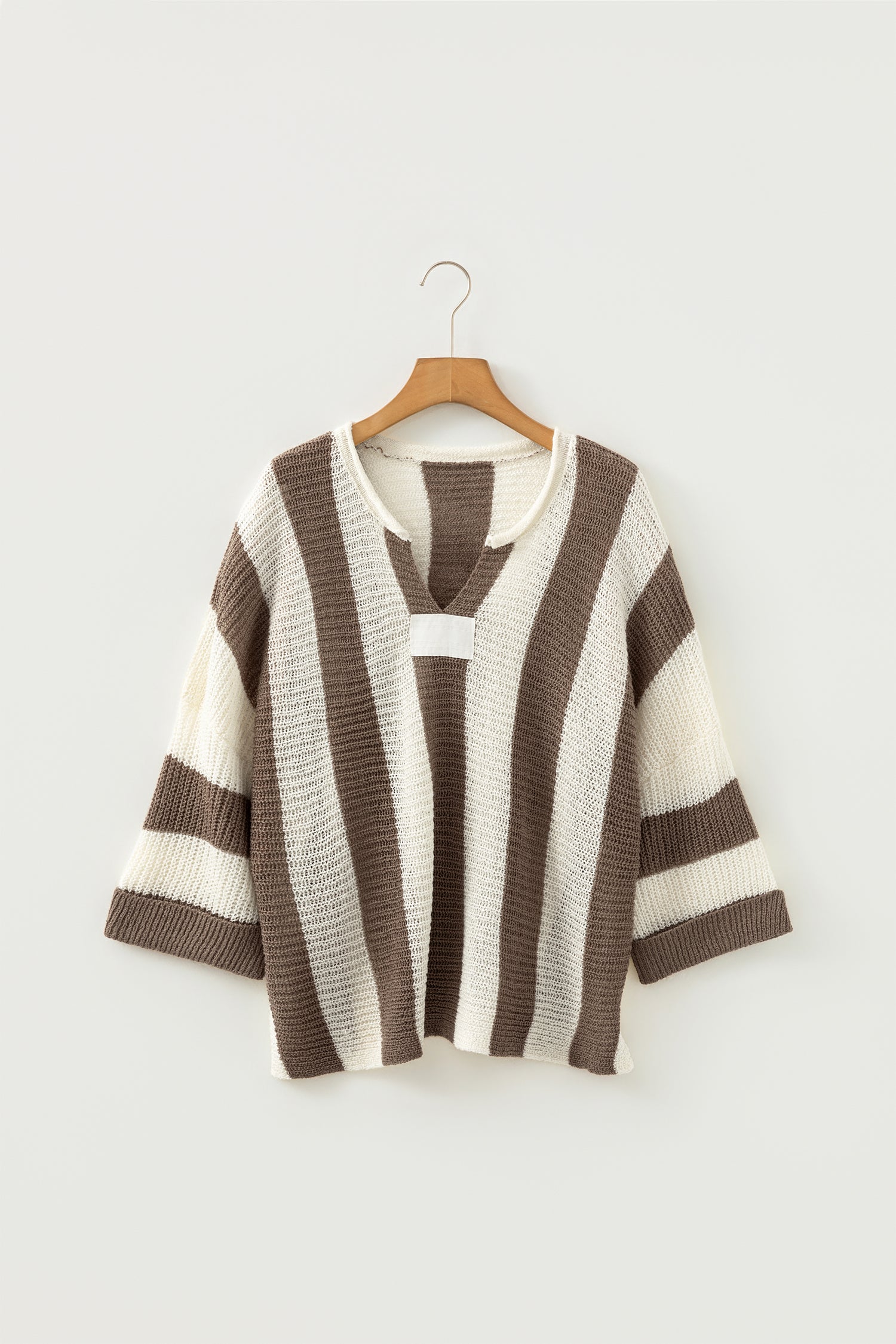 Brown Stripe Colorblock V Neck Bracelet Sleeve Sweater