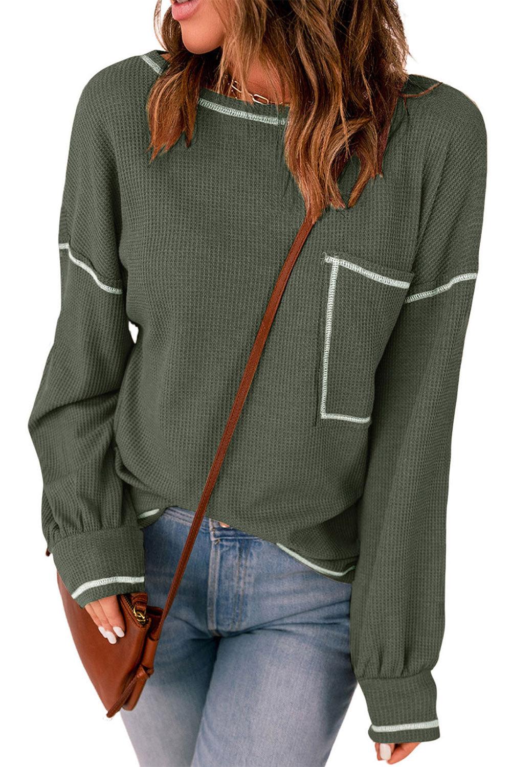 Mist Green Contrast Exposed Stitching Waffle Knit Blouse - L & M Kee, LLC