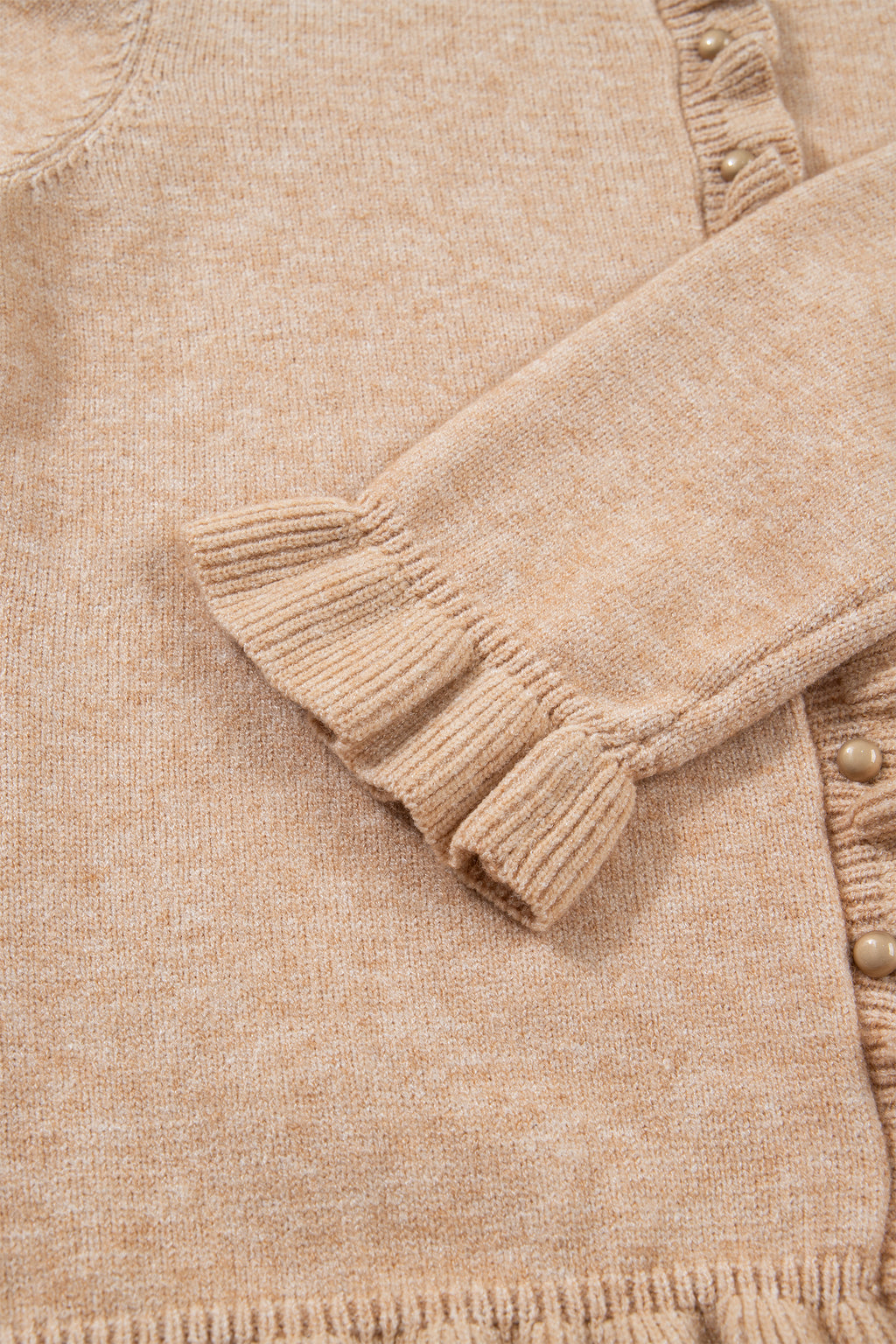 Oatmeal Ruffle Trim Gold Button Sweater Cardigan