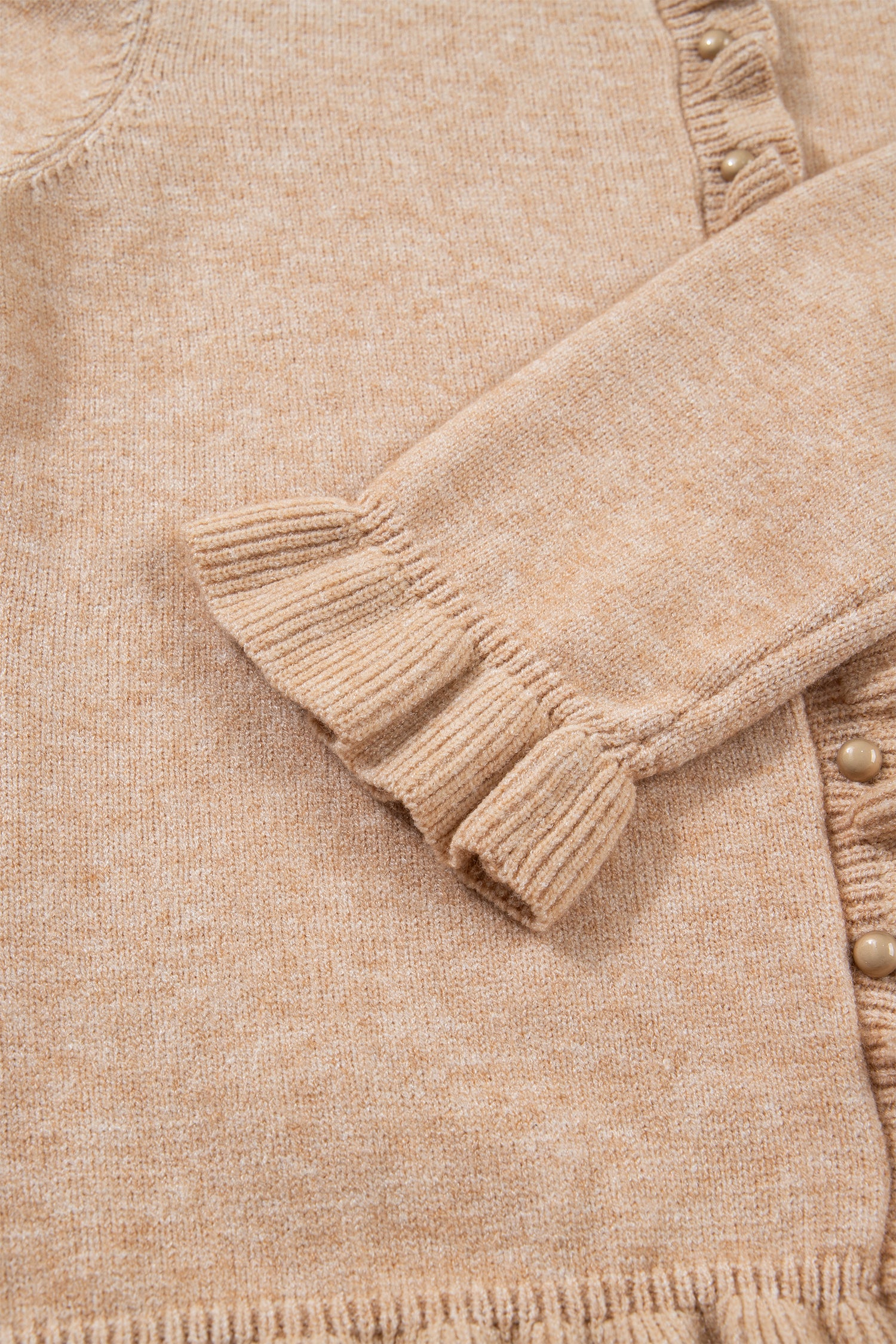 Oatmeal Ruffle Trim Gold Button Sweater Cardigan