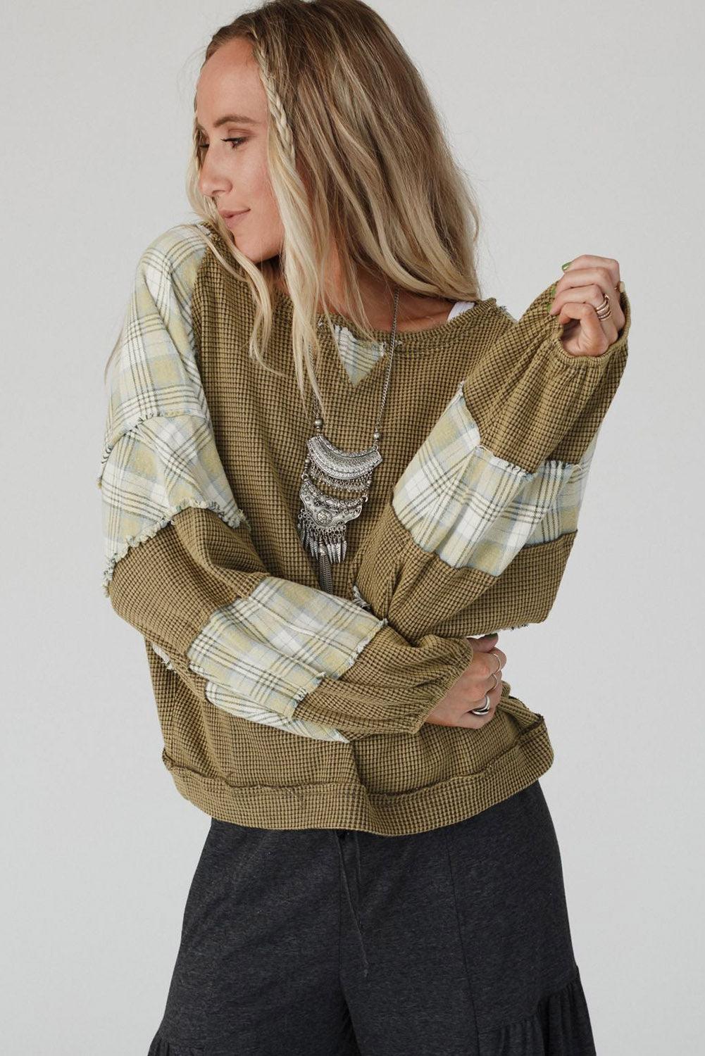 Green Plaid Patch Waffle Knit Exposed Seam Bubble Sleeve Top - L & M Kee, LLC