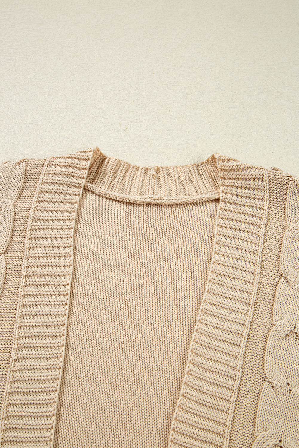 Parchment Cable Knit Braided Tie Sleeve Plus Size Open Cardigan