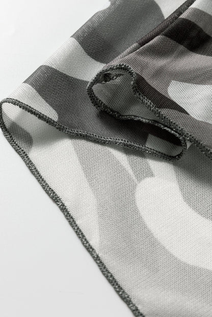 Green Western Fashion Camouflage Print Mesh Long Sleeve Top