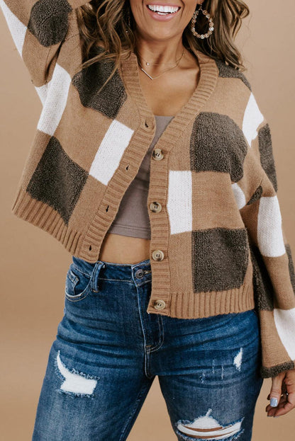 Brown Checkered Knit Ribbed Trim Buttoned Plus Cardigan - L & M Kee, LLC