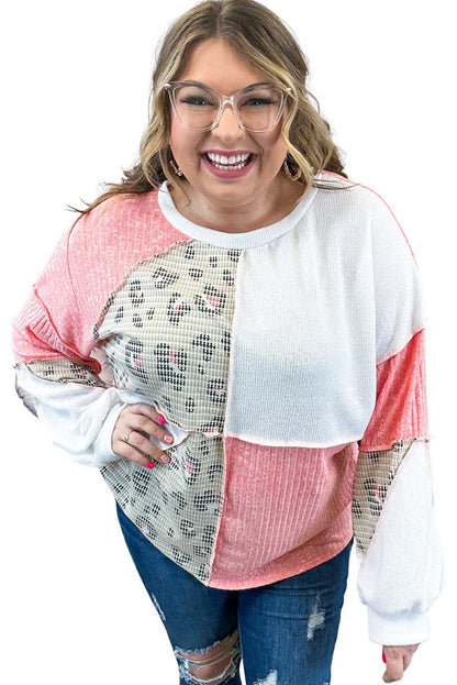 Leopard Patchwork Color Block Knitted Plus Size Top - L & M Kee, LLC