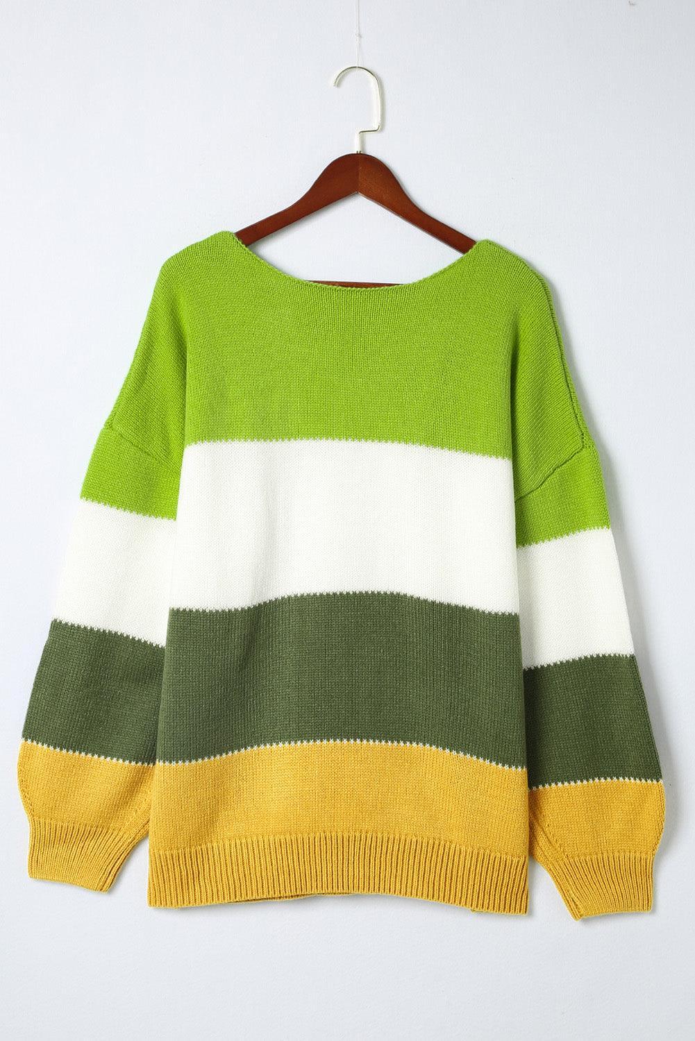 Green Plus Size Color Block Patchwork Sweater - L & M Kee, LLC