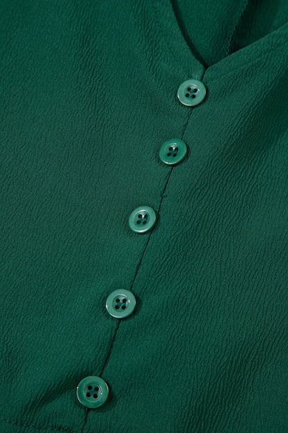 Blackish Green Solid Long Sleeve Button V Neck Tiered Maxi Dress