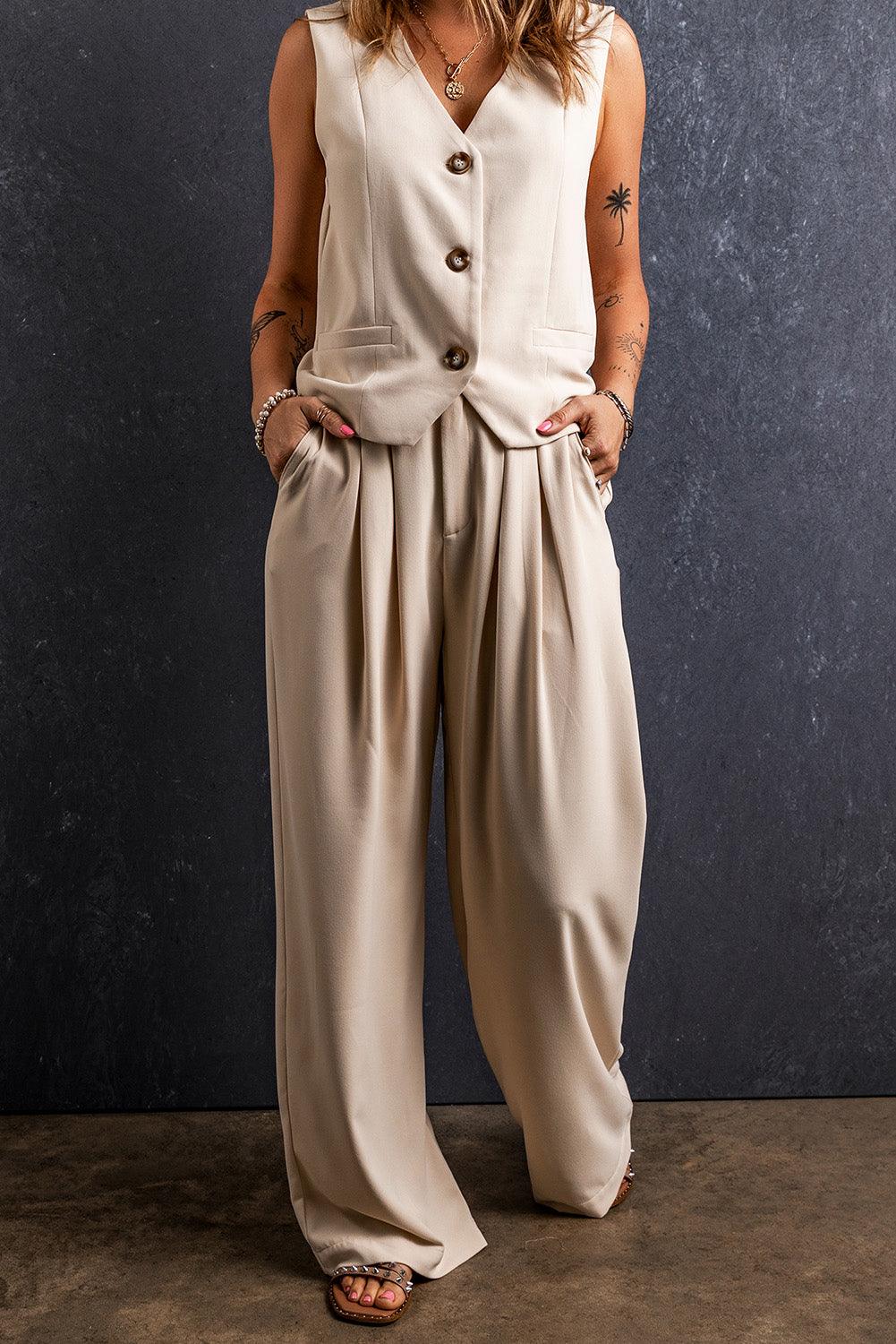 Apricot Elastic Waist Pleated Wide Leg Pants - L & M Kee, LLC