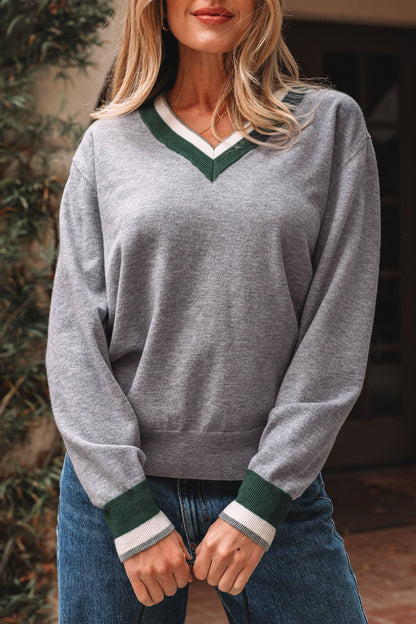 Gray Contrast Striped Trim V Neck Varsity Sweater