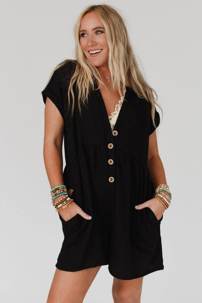 Black V Neck Buttons Loose Cuffed Short Sleeve Romper - L & M Kee, LLC