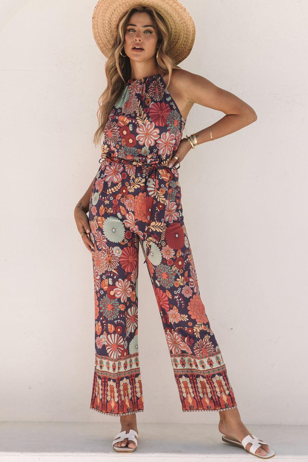 Purple Floral Print Frill Halterneck Wide Leg Jumpsuit - L & M Kee, LLC