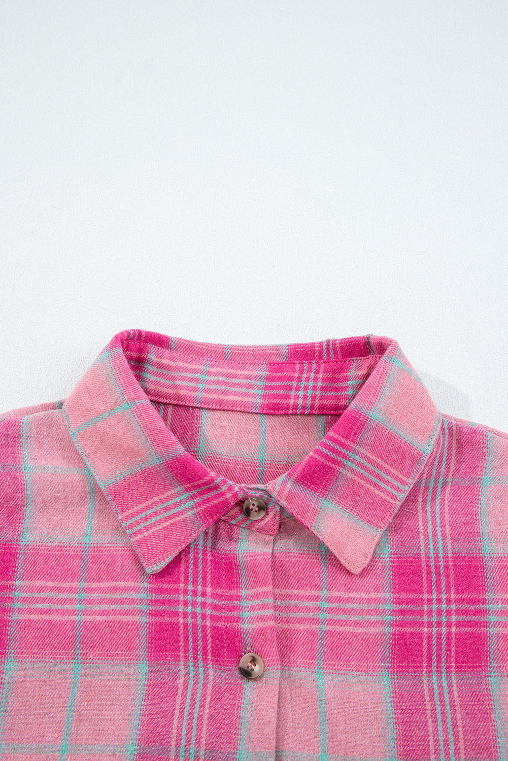 Sachet Pink Plaid Print Rounded Hem Long Sleeve Shirt with Pockets