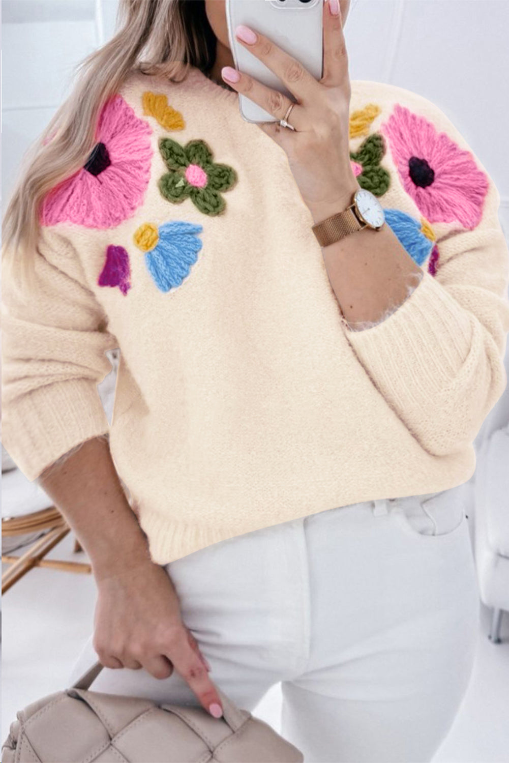 Beige Plus Size Crochet Flower Pullover Sweater