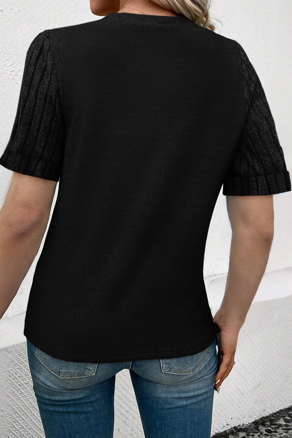 Black Ribbed Splicing Sleeve Round Neck T-shirt - L & M Kee, LLC