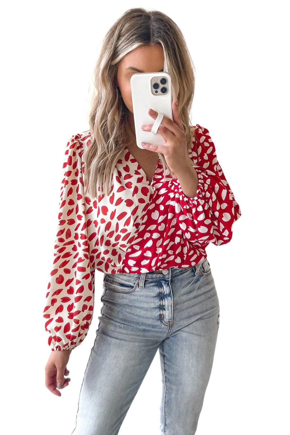 Red Petal Printed Long Sleeve Wrap V-Neck Bodysuit - L & M Kee, LLC