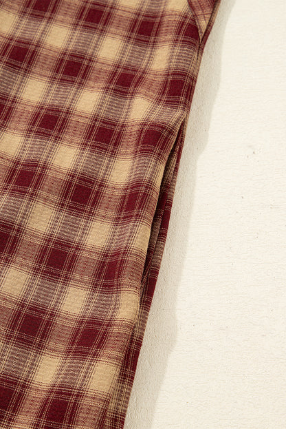 Red Plaid Print Ruffled Long Sleeve Patchwork Hem Mini Shirt Dress