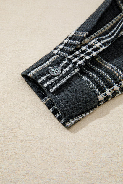 Black Plaid Print Textured Knit Buttoned Shacket