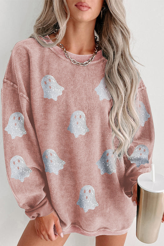 Pink Halloween Ghost Corded Crew Neck Loose Sweatshirt