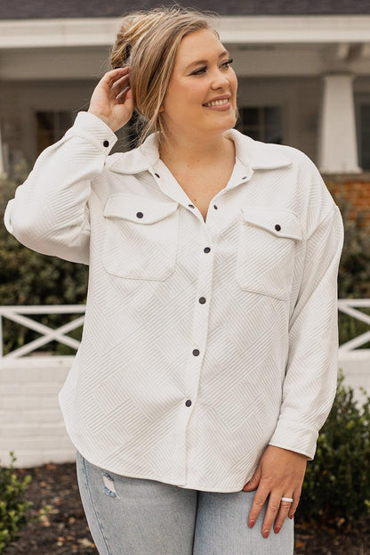 Beige Plus Size Textured Flap Pockets Jacket - L & M Kee, LLC