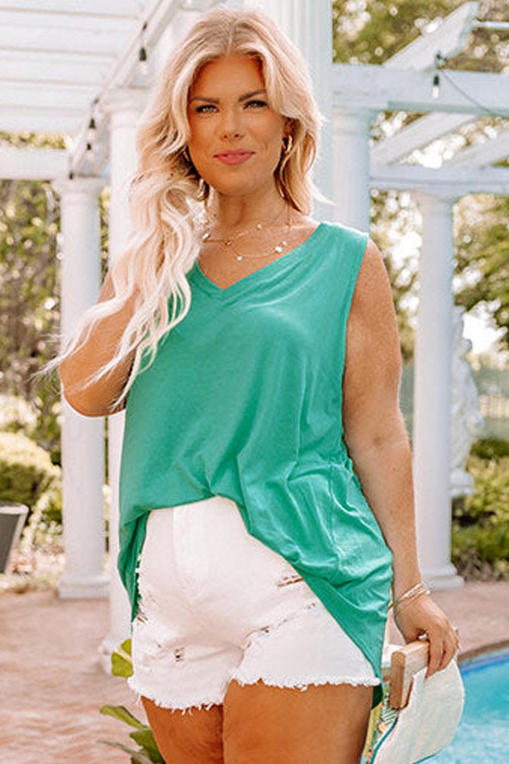 Mint Green V Neck Shift Plus Size Tank Top - L & M Kee, LLC