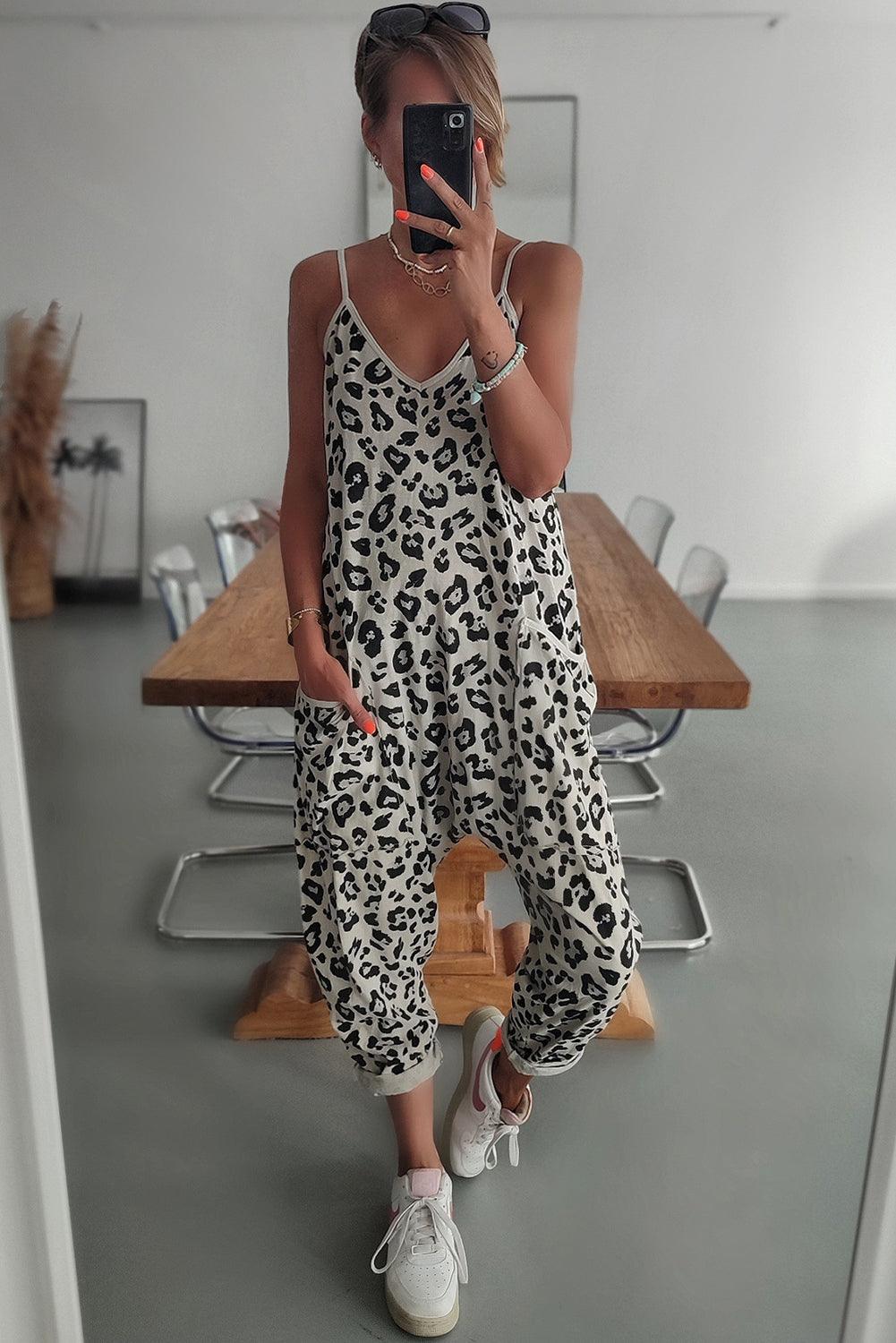 Leopard Spaghetti Straps Side Pockets Loose Fit Jumpsuit - L & M Kee, LLC