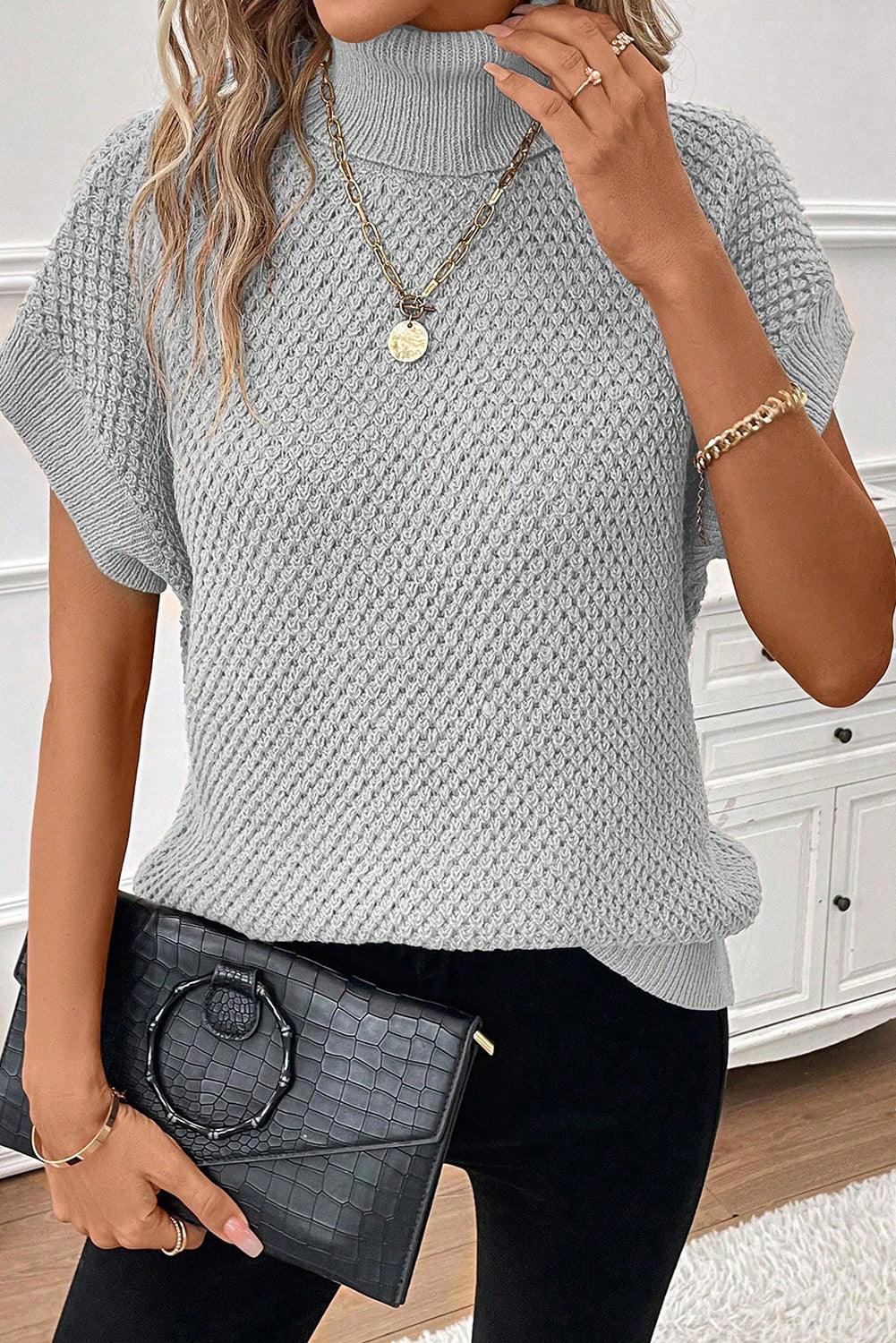 Light Grey Turtleneck Textured Short Sleeve Sweater - L & M Kee, LLC