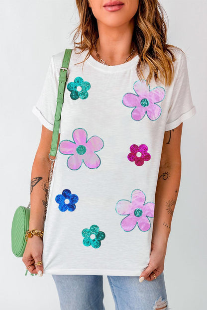 White Sequined Flower Pattern Round Neck T Shirt - L & M Kee, LLC