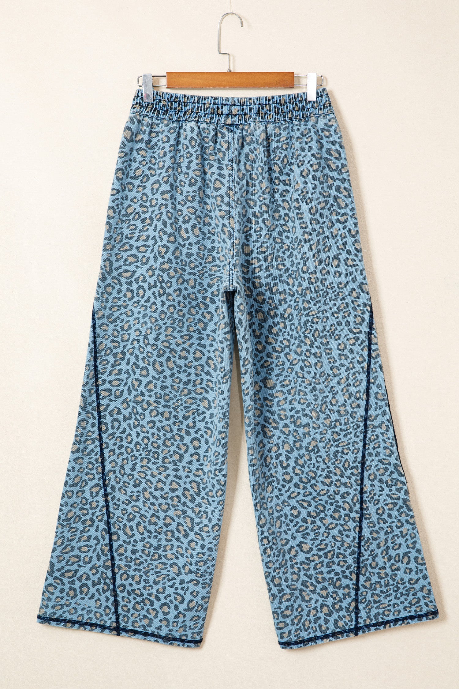 Blue Leopard Print Exposed Seam Detail Wide Leg Drawstring Jeans