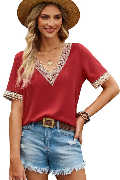 Lace Trim V Neck Short Sleeve Blouse - L & M Kee, LLC