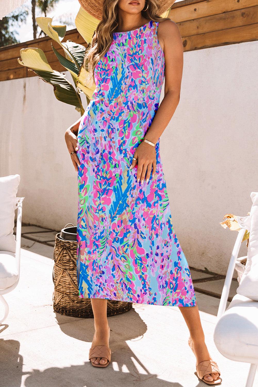 Purple Abstract Floral Print Sleeveless Maxi Dress - L & M Kee, LLC