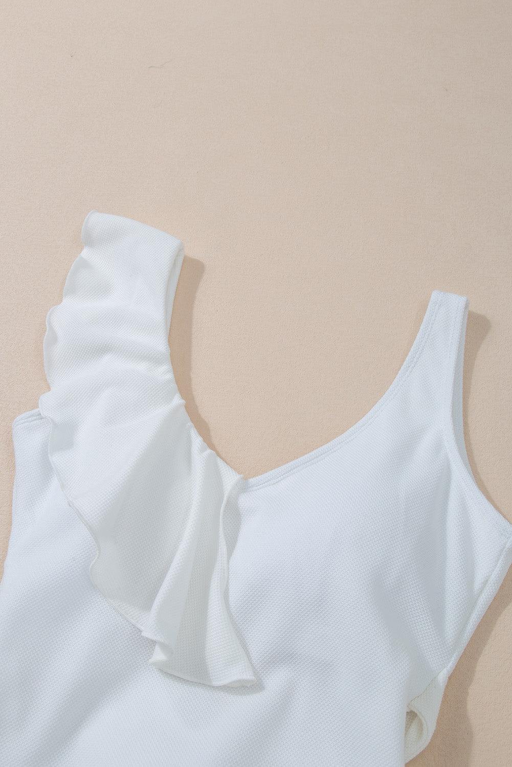 White Asymmetric Ruffle Trim Tie Waist One Piece Swimsuit - L & M Kee, LLC