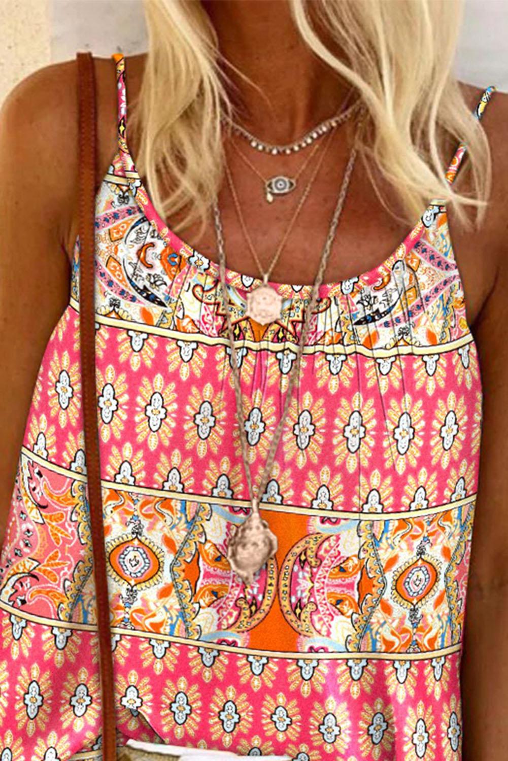 Bohemian Print Spaghetti Strap Flowy Tank Top - L & M Kee, LLC