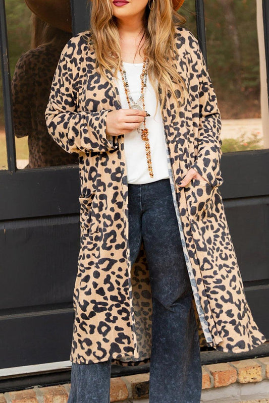 Leopard Plus Size Open Front Pocketed Long Cardigan - L & M Kee, LLC