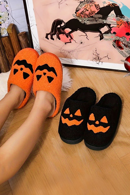 Orange Halloween Pumpkin Face Graphic Plush Slippers