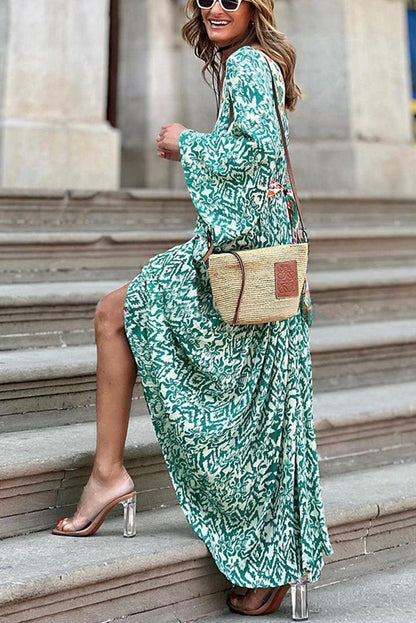 Green Abstract Pattern Print V Neck High Waist Maxi Dress - L & M Kee, LLC