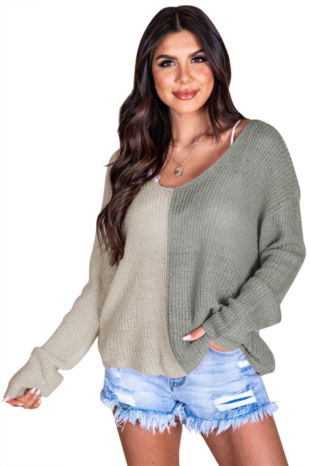 Long Sleeve V-Neck Colorblock Sweater - L & M Kee, LLC