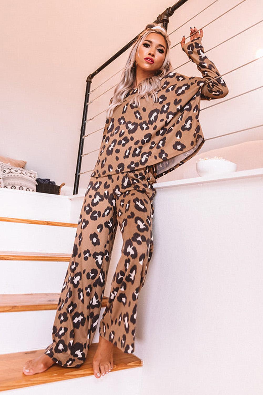 Brown Leopard Print Long Sleeve Pullover and Pants Outfit - L & M Kee, LLC