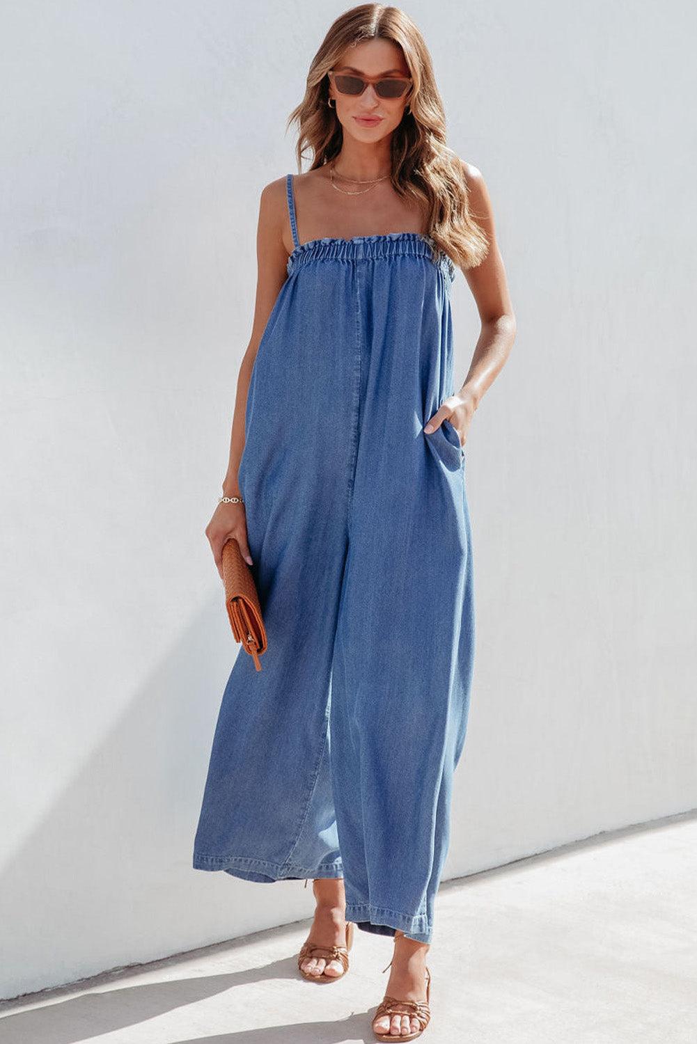 Blue Spaghetti Straps Frilled Neckline Pocketed Wide Leg Denim Jumpsuit - L & M Kee, LLC