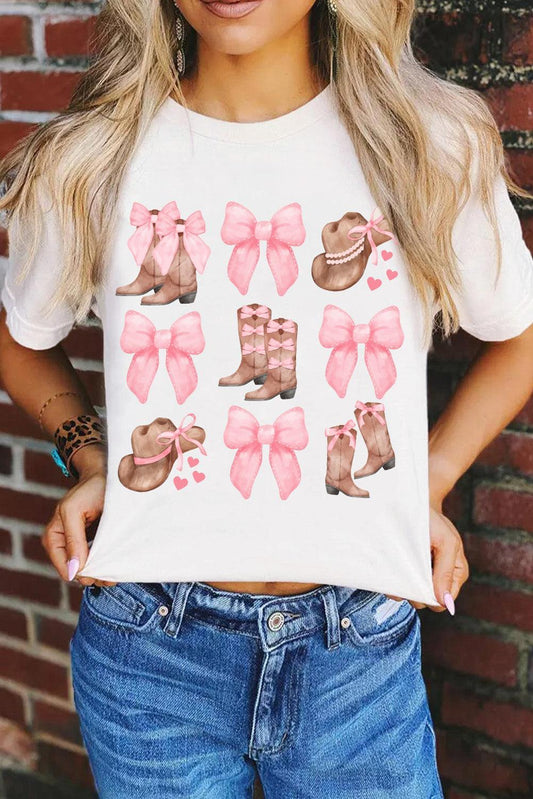 White Western Hat Boots Bow Knot Casual Graphic T Shirt