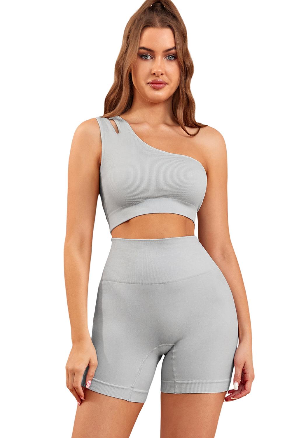 Single Split Shoulder Ribbed Cropped Sports Top - L & M Kee, LLC