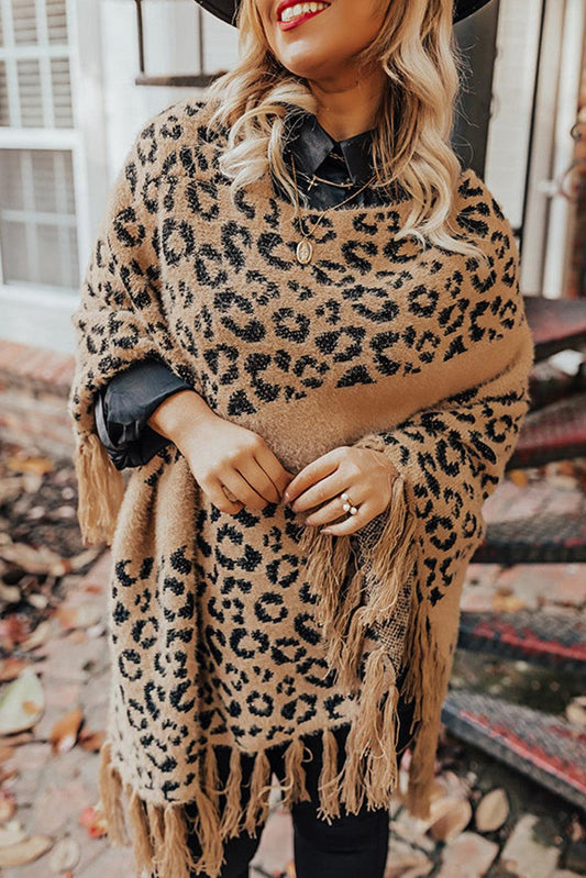 Leopard Plus Size Tasseled Hem Draped Poncho - L & M Kee, LLC