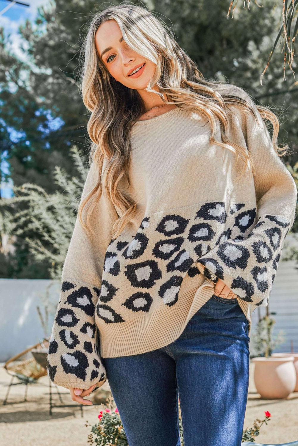 Khaki Leopard Patchwork Knitted Puff Sleeve Sweater - L & M Kee, LLC