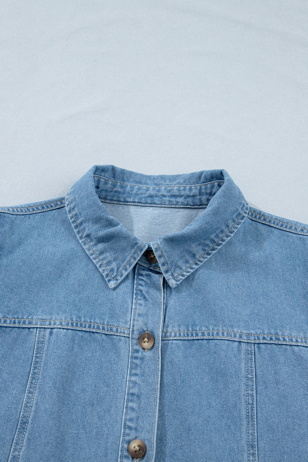 Beau Blue Button Down Short Puff Sleeve Ruffle Hem Patchwork Denim Dress