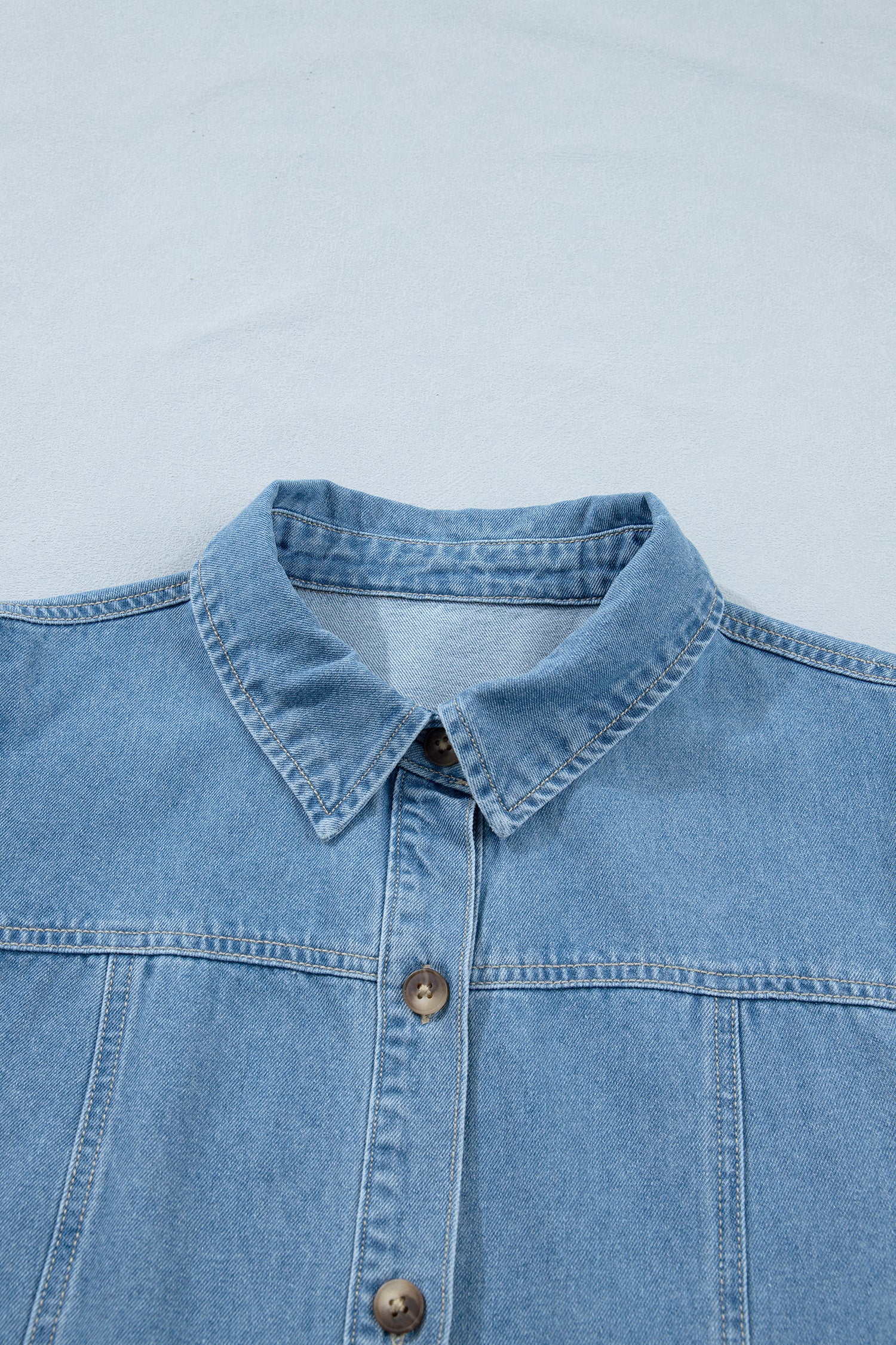 Beau Blue Button Down Short Puff Sleeve Ruffle Hem Patchwork Denim Dress