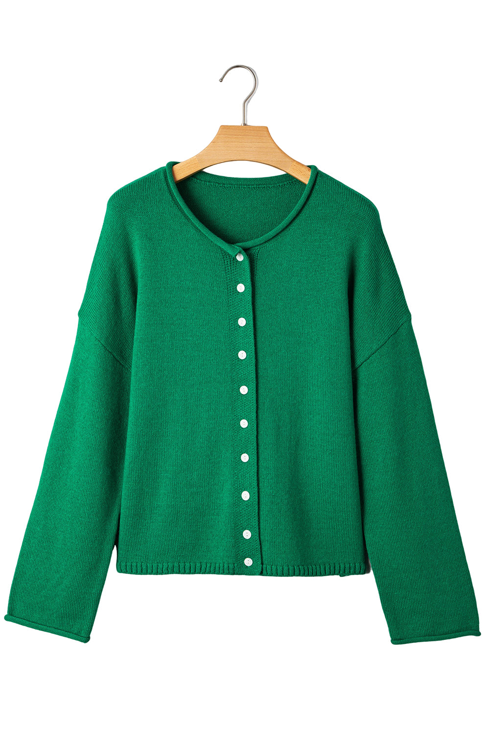 Bright Green Solid Color Knit Button Drop Shoulder Sweater Cardigan