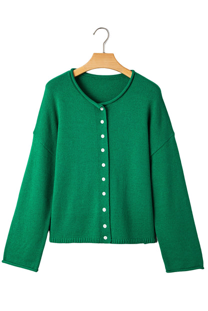 Bright Green Solid Color Knit Button Drop Shoulder Sweater Cardigan