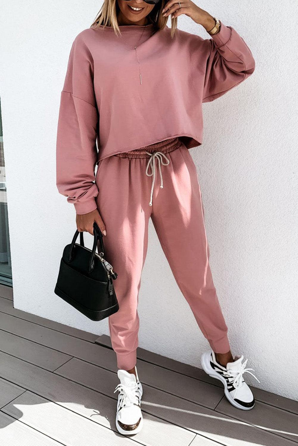 Pink Solid Sport Boxy Fit Pullover & Pants Outfit - L & M Kee, LLC