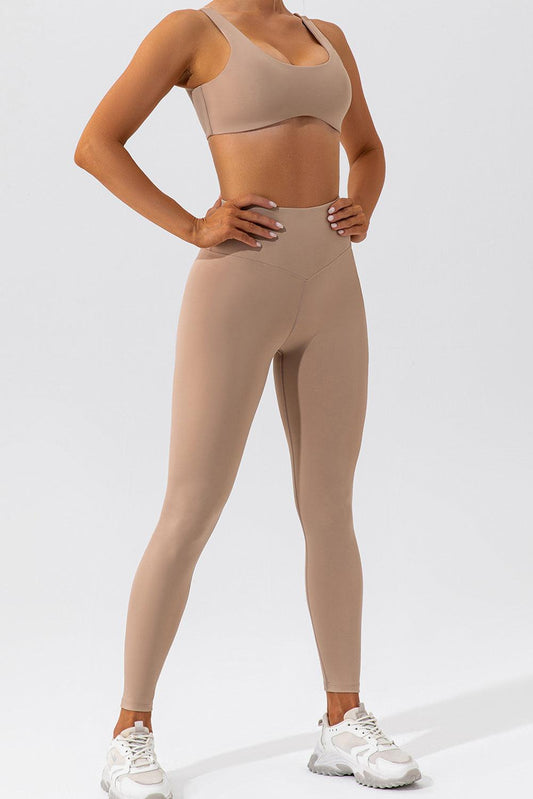 Light French Beige Solid Color Active Bra and High Waist Leggings Workout Set - L & M Kee, LLC