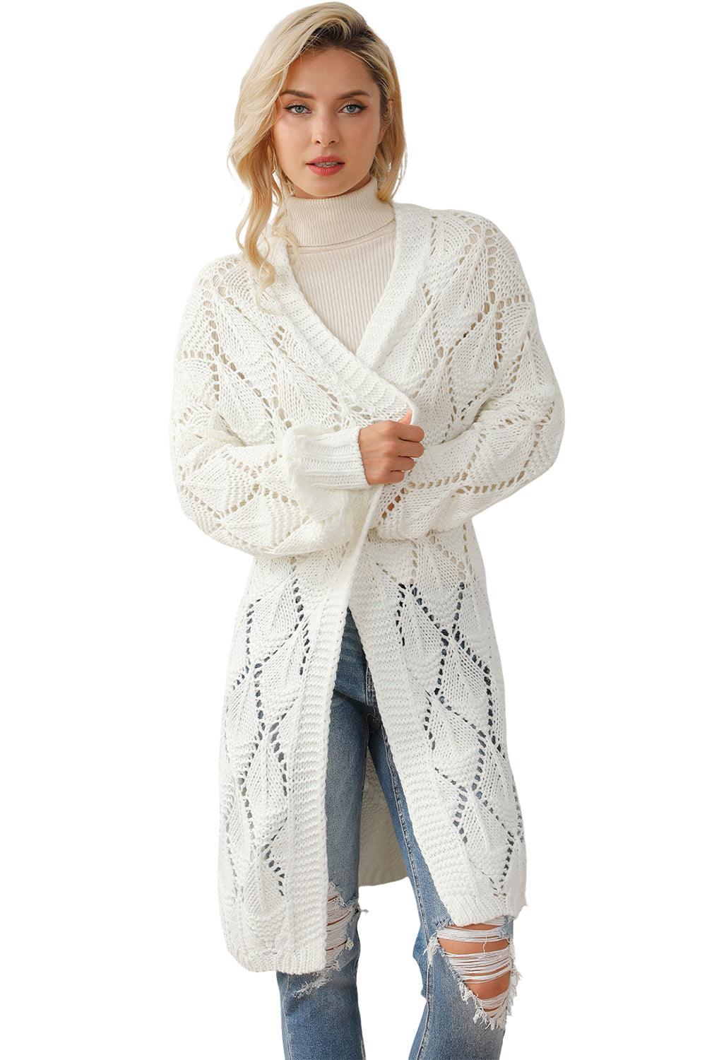 White Rhombus Hollowed Knit Open Front Cardigan - L & M Kee, LLC