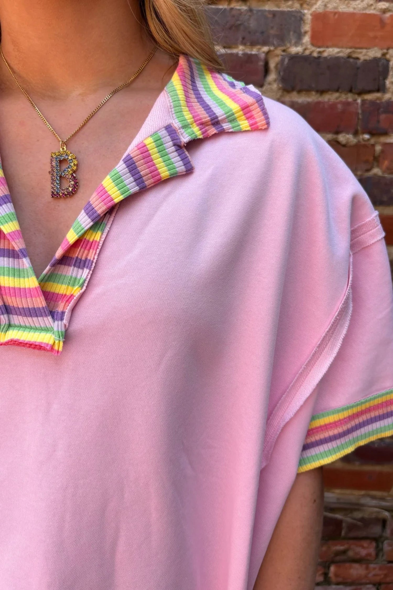 Pink Rainbow Stripe Ribbed Patchwork Raw Seam Oversize Polo Tee